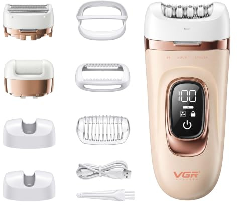 VGR 762 Epilateur Electrique Femme 3 En 1 Sans Fil IPX7 Et Mode Turbo, Rose | Rasoir Electrique Femme Avec Epilateur Et Râpe Anti-Callosités, 2 Vitesses, Éclairage LED, Recharge USB Pour Visage Et Corps