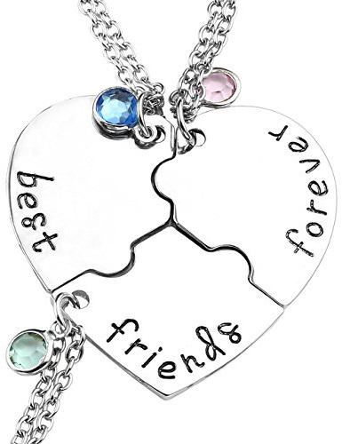 JSDDE Silver Tone Alloy Rhinestone Best Friends Forever and Ever BFF Necklace Engraved Puzzle Friendship Pendant Necklaces Set(Set of 3)