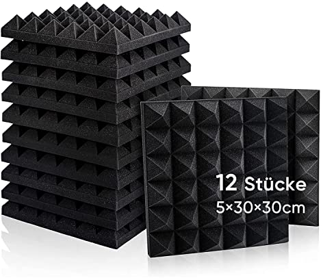 Fstop Labs 12 Stücke Akustikschaumstoff, 5x30x30 cm, 3D Hochdichte Schallabsorber Wand, Hall-Echo-Fliesen reduzieren, Schalldämmung für Tonstudio, Aufnahmestudios, Büro, Schwarz Pyramide