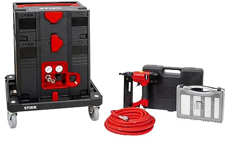 STIER Systainer-Kompressor-Set, inkl. Systainer II T-Loc, Rollbrett + Druckluftnagler und Stauchkopfnägeln, 6-teilig