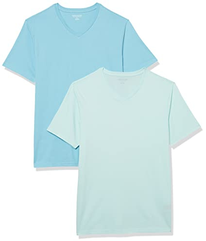 Amazon Essentials T-Shirts Col en v à Manches Courtes Homme, Lot de 2, Bleu Clair/Bleu des Mers du Sud, L