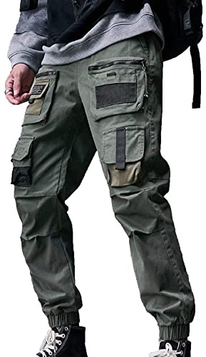 XYXIONGMAO Multi-Pocket Loose Overalls Casual Functional Trousers Cargo Joggers Techwear Harem Hip Hop Pants for Men (Black, Large)