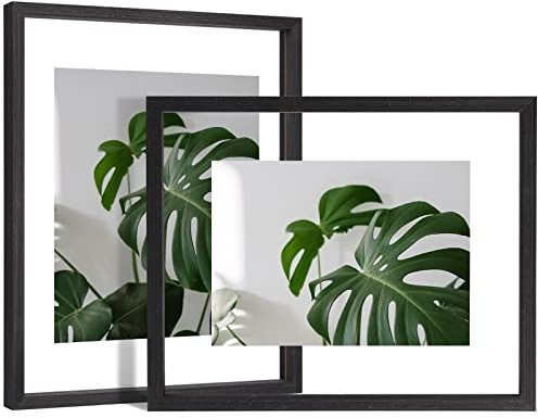 Egofine 11x14 Floating Frames Set of 2, Double Plexiglass Picture Frame, Made of Solid Wood Display Any Size Photo up to 11x14, Wall Mount or Tabletop Standing, Faded Black