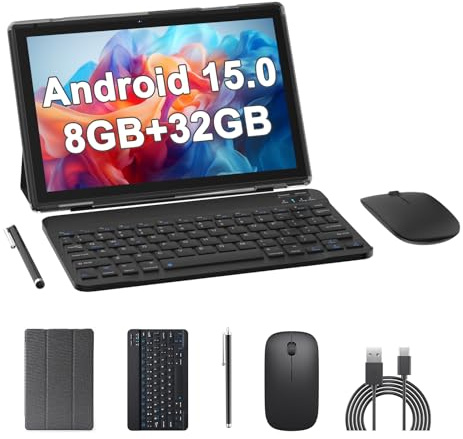 Android 2024 10 Zoll Tablet 2 in 1 Tablet mit Tastaturhülle, 8GB+64GB ROM/512GB Tablets, Quad Core, HD Touch-Display, Dual-Seite Gaming, WLAN, BT, Google GMS Schwarz