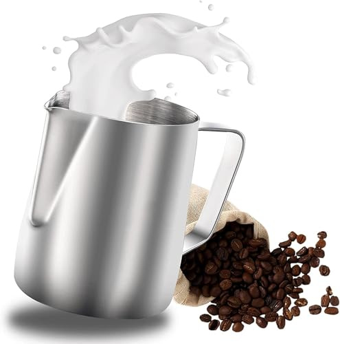 Wrobic Milchkännchen, Milk Pitcher 400ml 12 fl.oz. Milchkanne aus Edelstahl, Milch Aufschäumen für Cappuccino und Latté, Embossed Scale, Mate