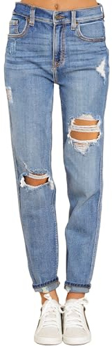 Roskiky Boyfriend Jeans Stretch Jeans Jeans Damen High Waist Ripped Jeans Distressed Mom Jeans Slim Denim Pants, Azul Moderno, XXL