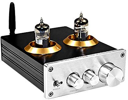 laimei Buffer HiFi 6J5 Bluetooth 4.2 Amplificateur PréAmpli à Tube PréAmplificateur StéRéO avec RéGlage des Aigus Bass Tone (Argent)