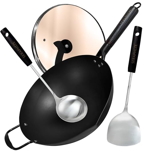 Seraphize with Lid 34cm | Nitriding Technology Carbon Steel Frying Pan with Spoon, Spatula & Pan Lid, Frying Pan with Lid, Induction Hob Wok, Beach Wooden Handle, Stainless Steel Wok (3, 32 CM)