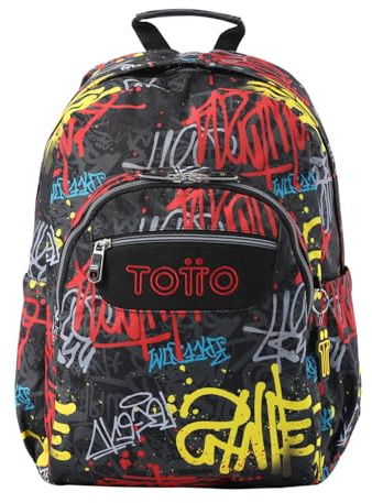 TOTTO - Mochila Escolar Adaptable a Carro, Modelo Acuareles, Capacidad 20 L, Bolsillo para Pc 14, 2 Bolsillo Botella, Espaldar Ergonómico con Flujo de Aire, Cómodas Correas en S, Estampado Grafil