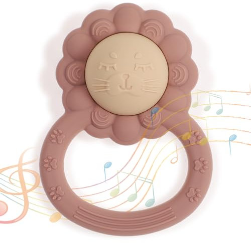 meanus Silikon Babyrassel Beißring, Löwenform Baby Spielzeug für Sinnes und Kauentwicklung, BPA-frei (Dusty Lilac)