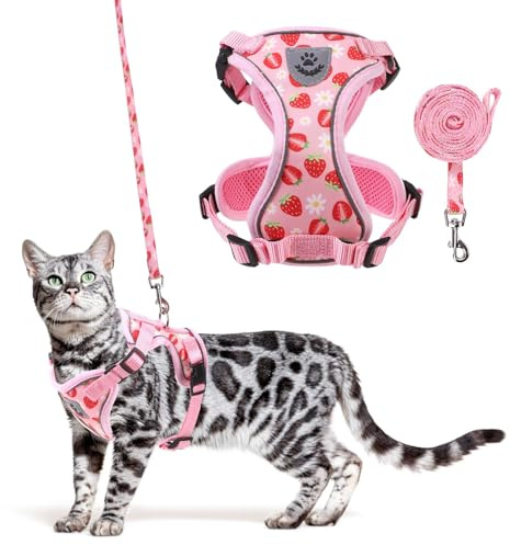 KOOLTAIL Cat Harness and Leash Set, Escape Proof for Safe Walking & Travel, Reflective Comfortable Easy Control Adjustable Kitten Harness for Boys&Girls Small Medium Large Cats Strawberry S