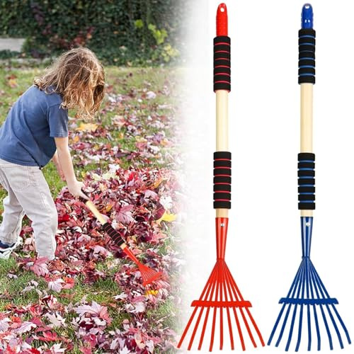 2 Pack Kids Rakes for Leaves, 28 Small Metal Toddler Rakes Garden Lawn Rake with Hardwood Handle and Soft Grip, Lightweight Child Size Yard Leaf Rake Kid Gardening Tools Set for Boys and Girls