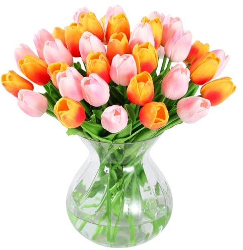 JUSTOYOU 40 tulipani di fiori artificiali, tulipani finti in lattice, realistici al tatto, per bouquet da sposa per matrimoni, casa, giardino, decorazione (arancione + rosa)