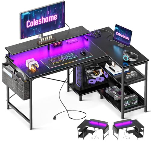 Coleshome L Shaped Gaming Desk with LED Lights, 120 × 80 cm Computer Desk with Power Outlet, Reversible Corner Gaming Table with Storage Shelves & Monitor Stand, Black