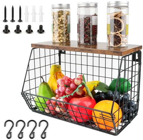NVIYAM Obstkorb Hängend, Obst Etagere mit Holzdeckel und 4 Haken, Obst Aufbewahrung, Hängeregal Küche, Küchenregal Hängend für Aufbewahrung Von Gemüse, Obst Und Snack, Fruits Basket