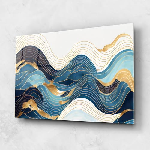 ARTHUB® Quadro in vetro 80x120 cm, 4mm temperato | Quadri moderni in vetro per soggiorno e camera da letto, decorazione da parete, arredamento d'interni, Paesaggi, Blue Wave Mountain