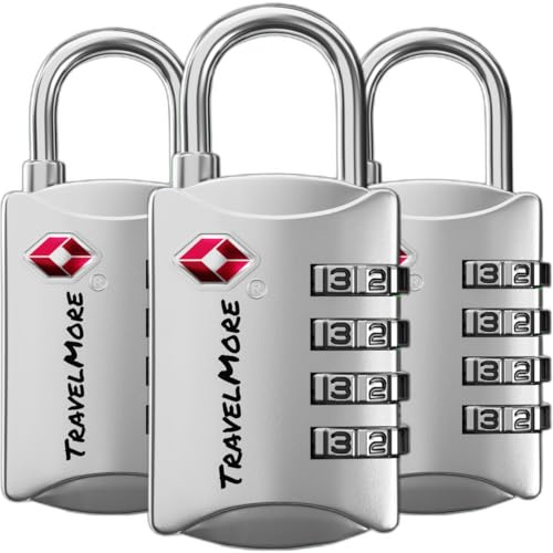 TravelMore TSA Approved Luggage Locks, Travel Padlocks for Suitcases | Durable, Sturdy, Easy Set Up & Use, Weatherproof, 4-Digit Security, for Suitcases, Backpacks, Bags, Zippers, 3-Pack, Silver