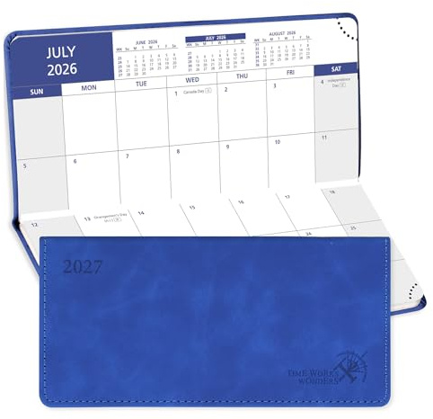 POPRUN Agenda scolaire de poche 2026-2027, affichage mensuel, 17,5 x 8 cm, format mince (18 mois: juillet 26 - décembre 27), planificateur mensuel pour sac, cuir PU (bleu royal)
