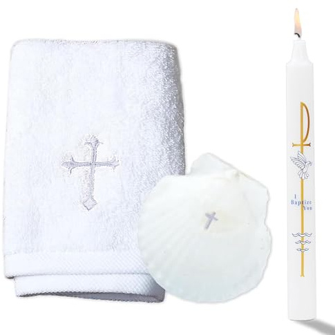 Baptism Candle Set for Boy Girls - Baptism Kit Include Baptismal Candles, Towel and Shell. Vela para Bautizo, Christening Set Velas para Bautizo De Niño Baptismal Kit Gifts