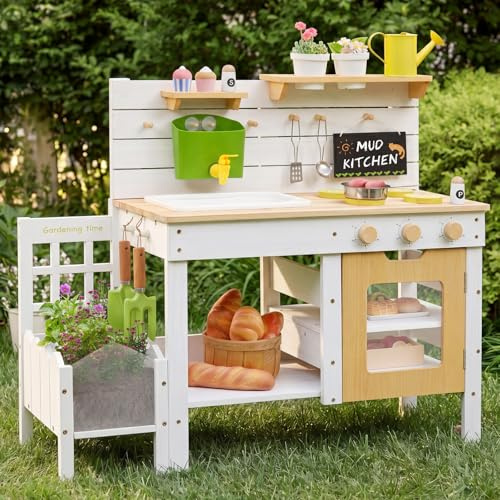 Frogprin Outdoor Mud Kitchen for Kids, Wooden Play Kitchen with Plant Growing Box & Trellis, Real Faucet Sink, Gardening Tools &, Cooking Accessories, Ideal for Toddlers Ages 3+