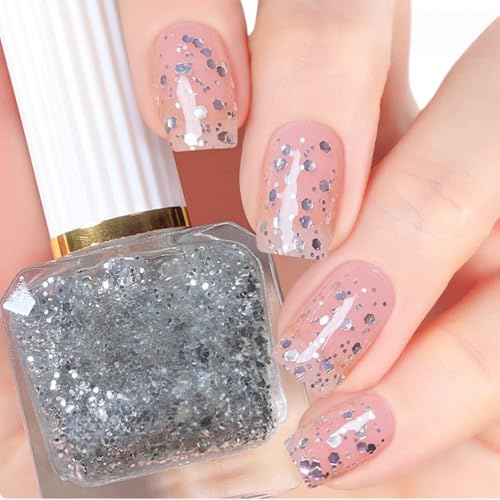Silver Glitter Nail Polish,Sparkly Silver Nail Varnish Quick Dry,Shimmer Nail Polish,Long Lasting Chip Resistant Finish,Glossy Easy Application,No UV Light Needed,Smooth&Gentle Formula