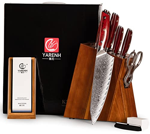 YARENH Küchenmesser Set 8 er, Klinge aus 67-lagigem Damaststahl,Holzgriff, scharfe Messer Set mit Messerblock, Damastmesser Set mit Messerhalter Aus Holz, Anspitzer Und Schere KTF-Serie