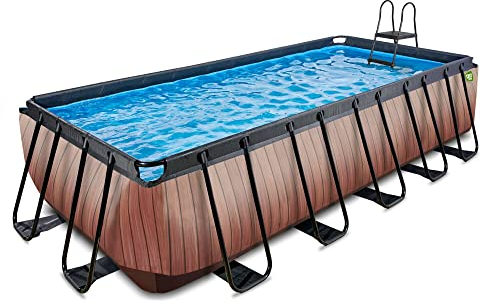 EXIT Toys Wood Pool - 540x250x122cm - Piscina de Marco Rectangular Grande con Bomba de Filtro de Arena - Piscina Extra Profunda - Marco Robusto - Incluye Escalera de Piscina - Diseño Único - Marrón
