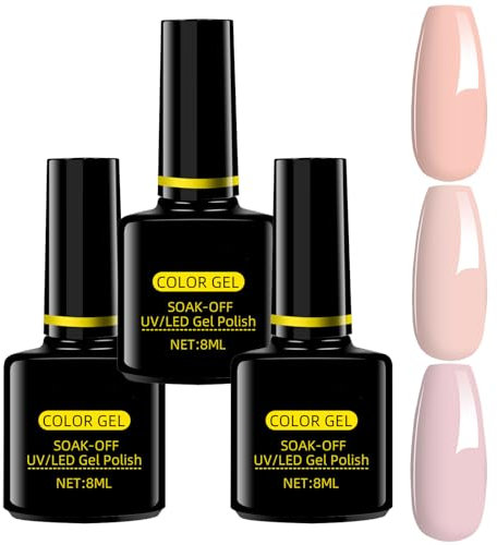 French Manicure Nude Pink Gel Polish Builder Set (3 Pcs, 8ml Each) for Nail Art Salon & DIY Home Use