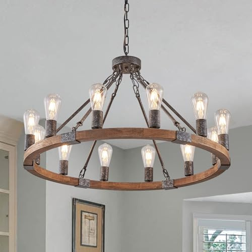 Benkut Farmhouse Wagon Wheel Chandelier 31 Black Rustic Light Fixtures 12-Light Wood Round Chandelier for Dining Room Living Room Entryway Foyer