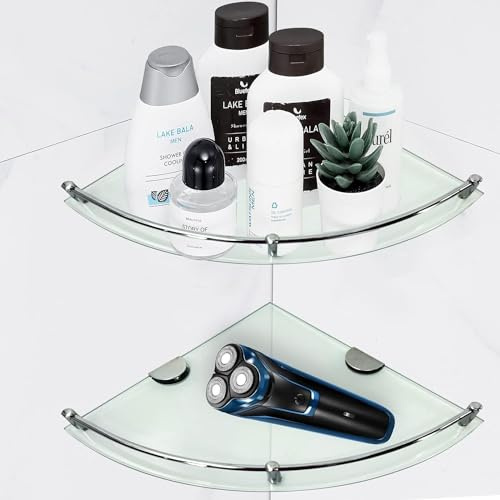 Jacgood Lot de 2 étagères d'angle en verre pour salle de bain, 24 x 24 cm, étagères murales en verre trempé, triangle robuste avec support et rail SUS 304 antirouille