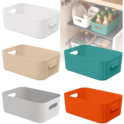 W&H 5 PCS Plastic Storage Boxes with Handle, Small Plastic Storage Baskets, Rectangular Home & Kitchen Organiser, Cupboard Boxes for Bathroom, Drawer, Kitchen - 21×14×7cm (Colorful)