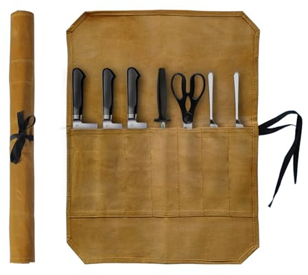 GIWOSK Knife Roll Bag, Waxed Canvas Chef's Knife Roll Bag with 7 Slots, Portable Knives Pouch Knife Storage Case Knife Carrier for Home Camping Picnic Chefs Cooking Lovers, Khaki(Bag Only)