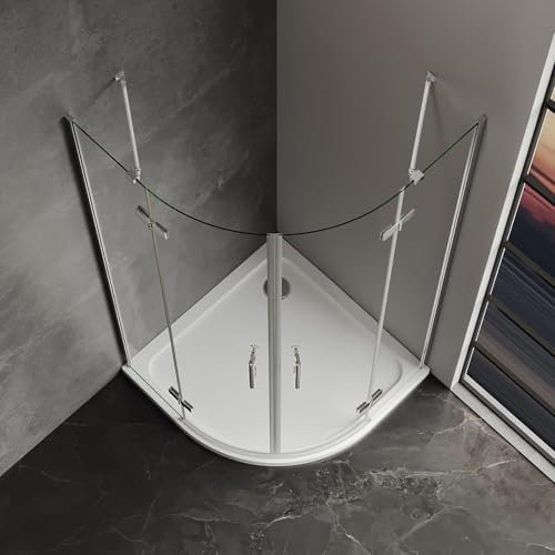 IMPTS Duschkabine Viertelkreis 90x90 cm, Runddusche Duschabtrennung Viertelkreis Falttür Viertelkreisdusche mit Diagonalen Sicherheitsstange Höhe 195cm, Ohne Duschtasse & Ablauf