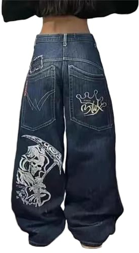tinbarry Baggy Jeans Femme Pantalon Cargo Y2K Pantalon en Denim Jambes Larges Hip Hop Boyfriend Pantalon Cargo Vintage Imprimé Loose Pants E-Girl des Années 90 Streetwear