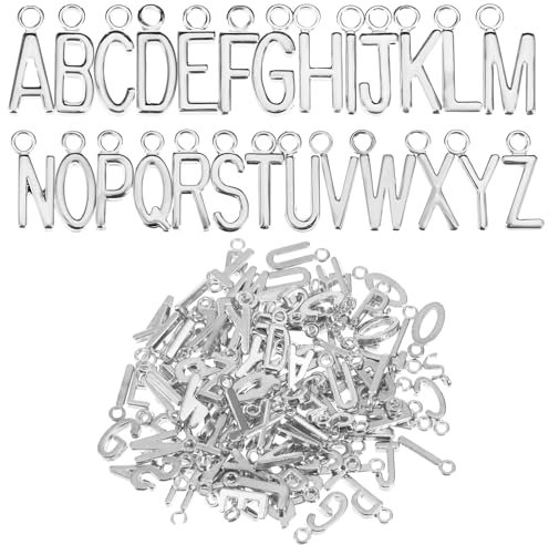 104 Stück Buchstaben Anhänger Silber Klein Letter A-Z Charms Zinklegierung Alphabet Charm Armband Anhänger Buchstaben Mini Großbuchstaben Buchstabe für DIY Schmuckherstellung Armbänder Halskette