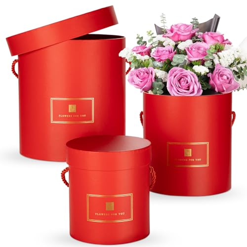 Oairse Juego de 3 cajas de regalo redondas con tapas y asas, cajas de flores rojas para arreglos, cajas decorativas para sombreros para regalos, bodas, damas de honor, fiestas, cumpleaños y