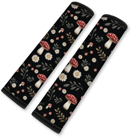 Doodlream 2Pcs Auto Seat Belt Cover Pad, Mushroom Daisy Shoulder Cushion | 28 x 6 cm Mushroom Plant Soft Seat Belt Pad for Driving, Relieves Shoulder Pressure, Fits Car Seatbelts & Backpack Straps