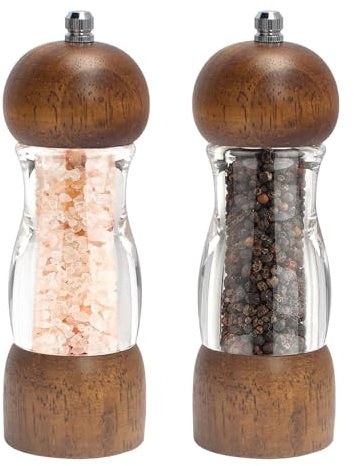 Salt and Pepper Grinder Set, Acrylic Salt and Pepper Mills, Wooden Manual Spice Mills, 2 Pieces Spice Grinder Refillable with Adjustable Ceramic Grinding Core