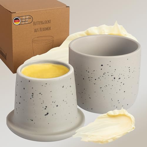 DEKAZIA® Französische Butterdose Grau Wassergekühlt | Butterglocke, Butterfass, Französischer Buttertopf, Butterglocke Keramik, Butterbehälter, Butter Glocke 250gr Buttertopf