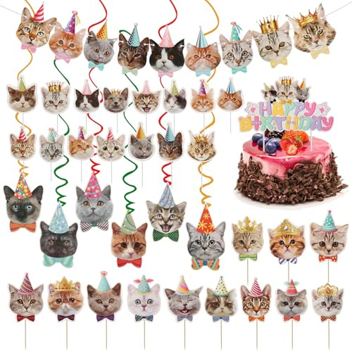 23 decorazioni per cupcake a tema gatto, decorazioni per torte di compleanno, striscione di buon compleanno con gatto in stile cartone animato, vortice da appendere per torte per bambini a tema gatto