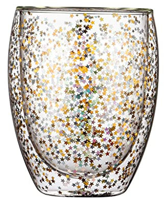Wdbild Vasos creativos de vidrio de doble pared con lentejuelas para vasos de deseos, tazas para fiestas en casa, vino, cóctel, café, leche, vasos de vidrio de doble pared para bebidas calientes