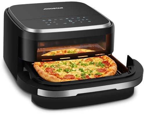 Aigostar Friggitrice ad Aria XXL 745cm² Surface, 2200W Silenzioso Extra-Crisp Technologie + Doppia Resistenza, 11 Programmi (Pizza Surgelata), Touchscreen, Finestra Illuminata, Interno Metallico, Nero