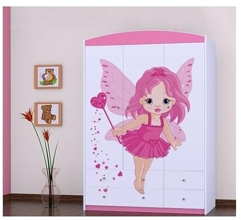 BDW - Armoire avec Tiroirs - 128cm de Large, 190cm de Haut - Armoire de Couloir 3 Portes, avec Tringle À Vêtements et Étagères - pour Chambre À Coucher, d'enfant - Rose 3