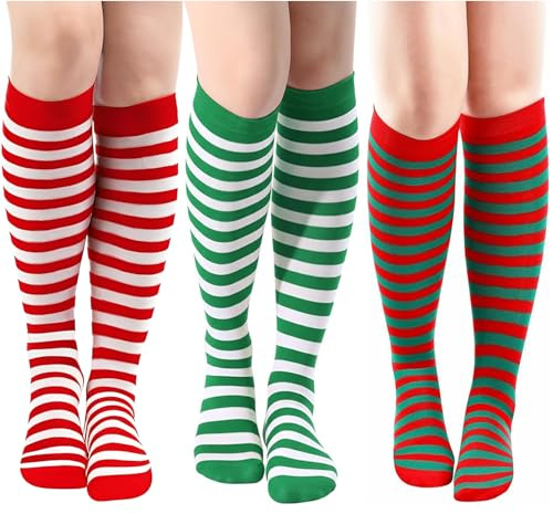 Générique Chaussette Haute de Noel Femme, Chaussettes Lutin Collant Rayé Rouge et Blanc Bas Hautes Noel Femme Montante Jeux de Rôle, Réunions de Famille, Célébrations (B)