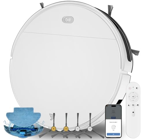 2026 Robot Aspirateur Laveur, 2 en 1 Aspirateur Robot 4500Pa Mince Connecté avec WiFi/Alexa/App, 3 Modes de Nettoyage, Auto-Charge, Nettoyage Intelligent pour Poils d’Animaux et Poussière Blanc