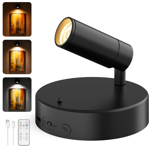 5500mAh Rechargeable Wall Spotlight Indoor, 24H Cycle Timer, 150LM, 10CM | 3CCT Dimmable Picture Lights for Wall with Remote, Uplighting Stick on Lights for Plant Artwork Display Tree Painting Art