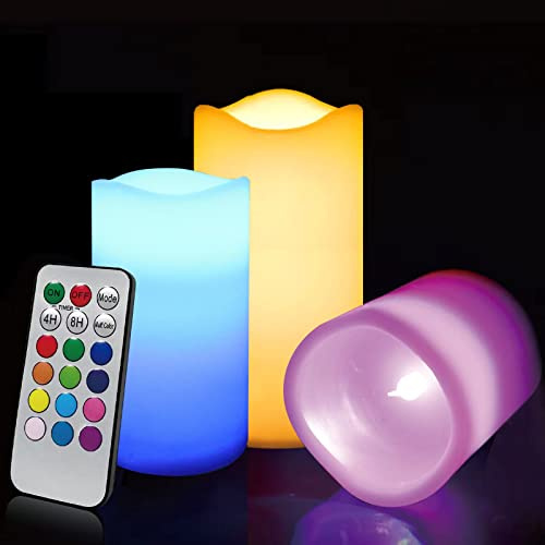 ILEEDear candele LED, 12 colori vera cera candele con funzione timer, candela LED a batteria, lanterne grandi, candele LED a batteria senza fiamma, natale decorazioni (Set di 3)
