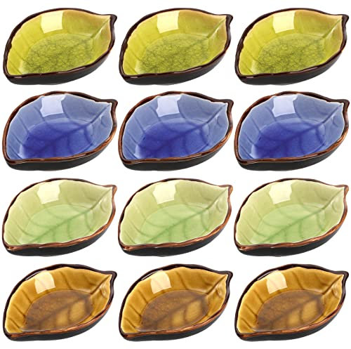 Jucoan 12 Pack Ceramic Soy Sauce Dish, 4 Inch 2 Oz Leaf Shape Small Sauce Dishes for Sushi, Gyoza, Dumplings, Potstickers, Soy Sauce, Vinegar, Wasabi, Oil, Japanese Style Soy Dipping Bowls Set