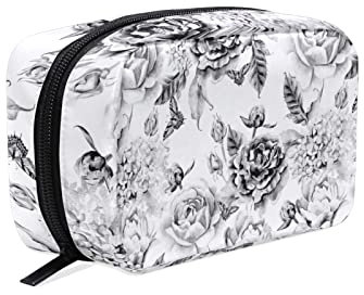 Black White Flowers with Leaves, Hydrangeas, Peonies, Buds and Petals Smooth Zipper Women Makeup Bag, Cosmetic Toiletry Storage Case Portable Coin Purse Large Pouch Organizer Holder for Ladies Girls
