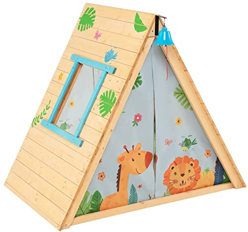 COSTWAY Casa de Juegos Triangular, Juego de Madera 2 en 1 con Muro de Escalada, Campana Frontal, Cortina Extraíble, Juego de Actividades Divertidas para 2 Niños, Adecuado para 3-8 Años